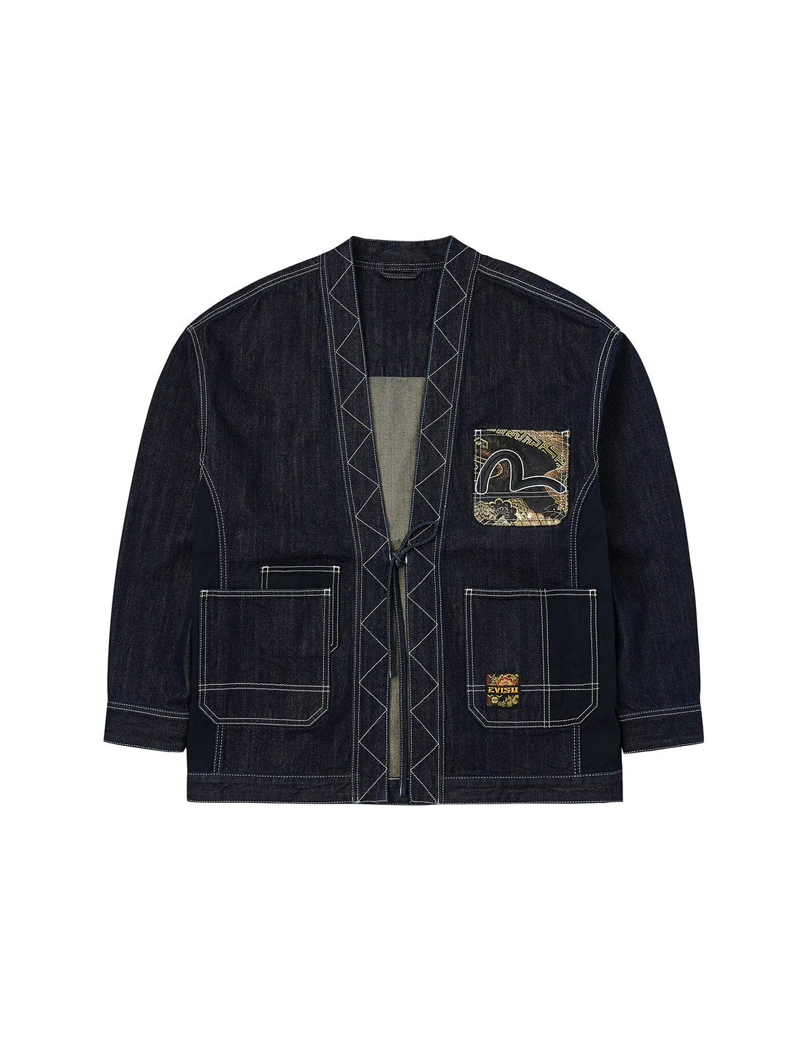 Multi-Pocket with Brocade Patch Relax Fit Denim Kimono - Image 16