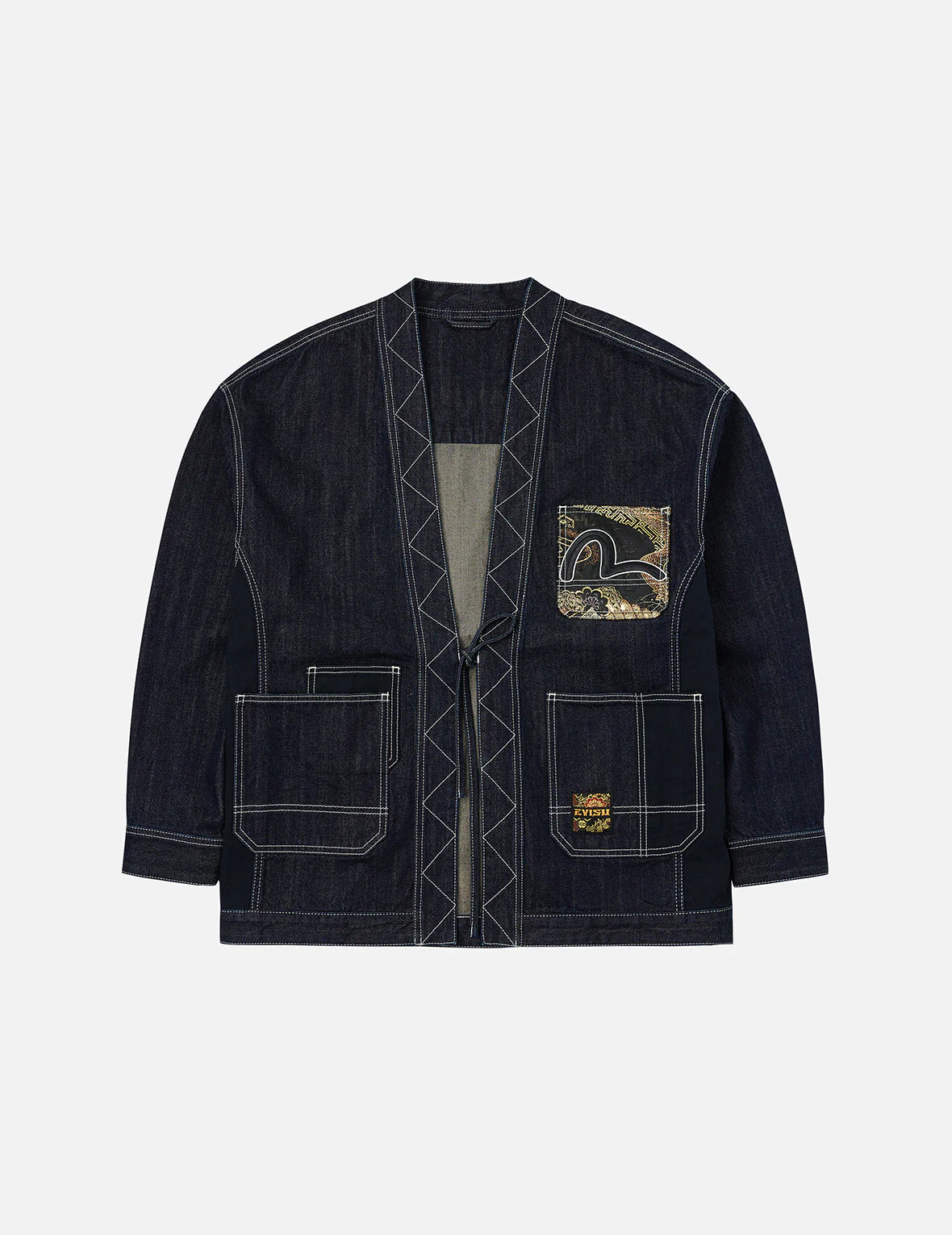 Multi-Pocket with Brocade Patch Relax Fit Denim Kimono - Image 3