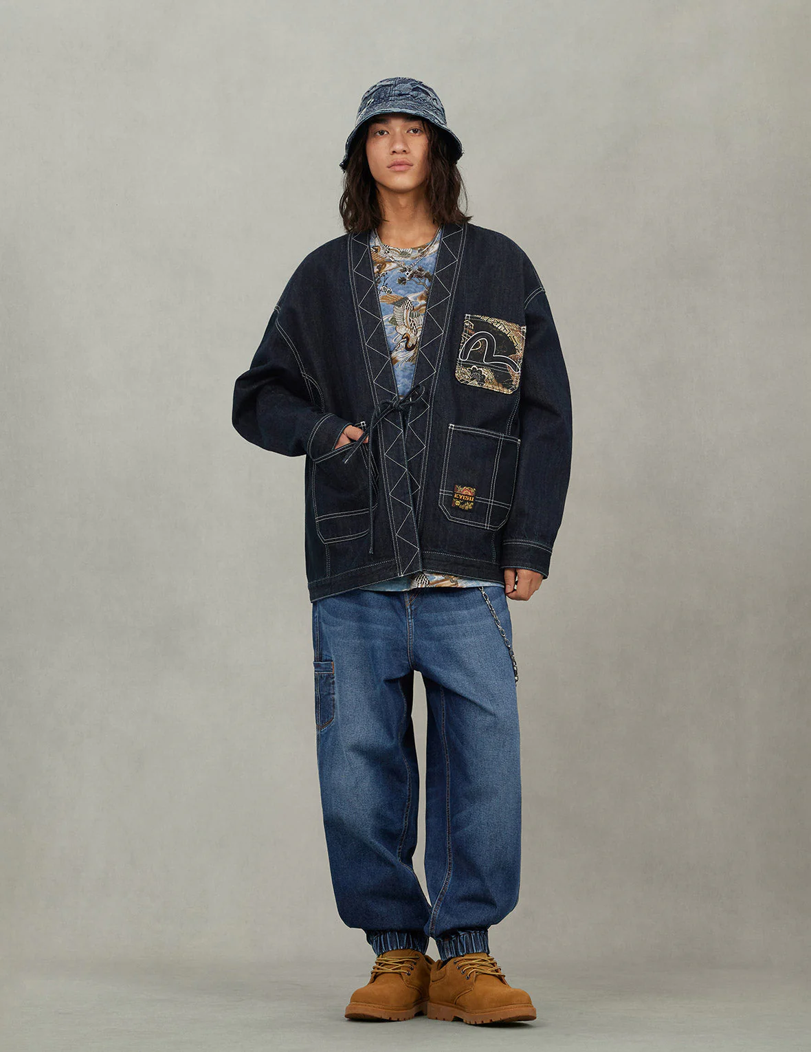 Multi-Pocket with Brocade Patch Relax Fit Denim Kimono - Image 5