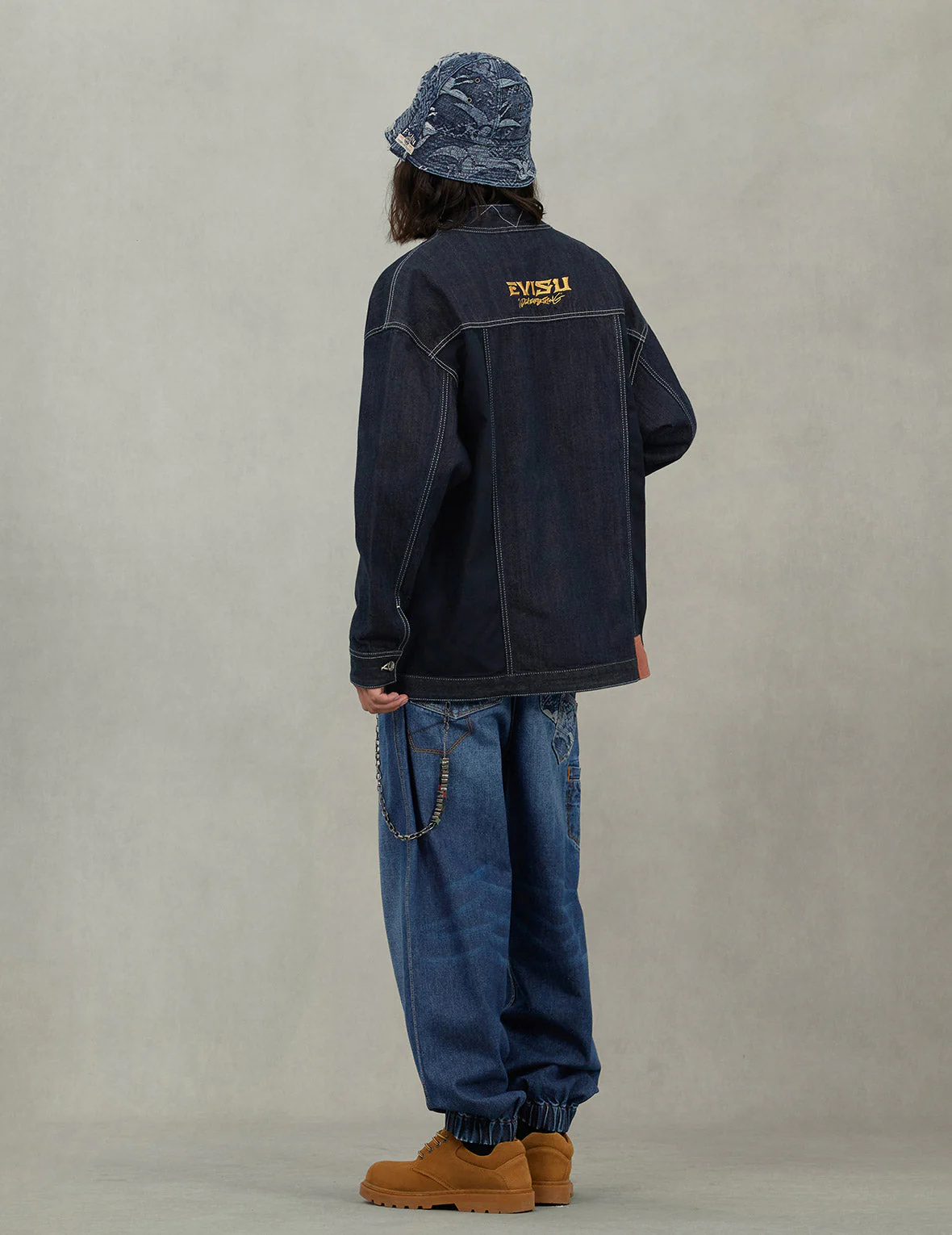Multi-Pocket with Brocade Patch Relax Fit Denim Kimono - Image 6
