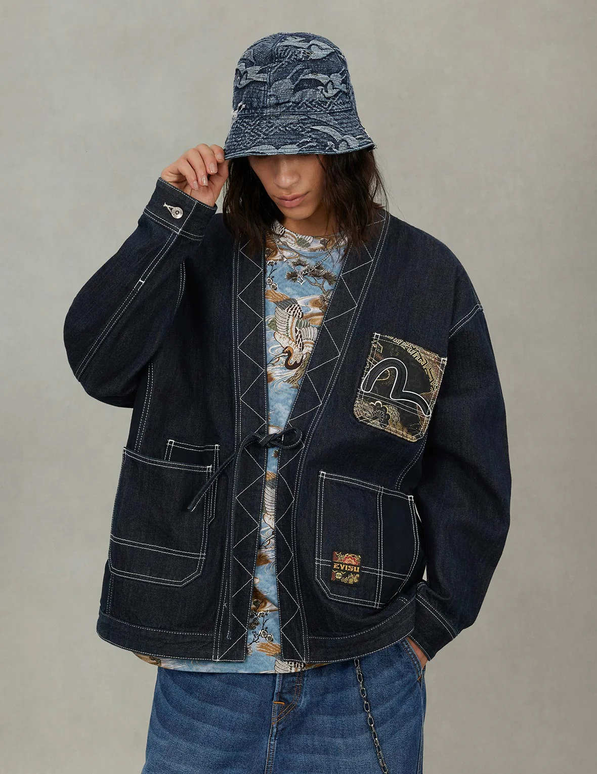 Multi-Pocket with Brocade Patch Relax Fit Denim Kimono - Image 7