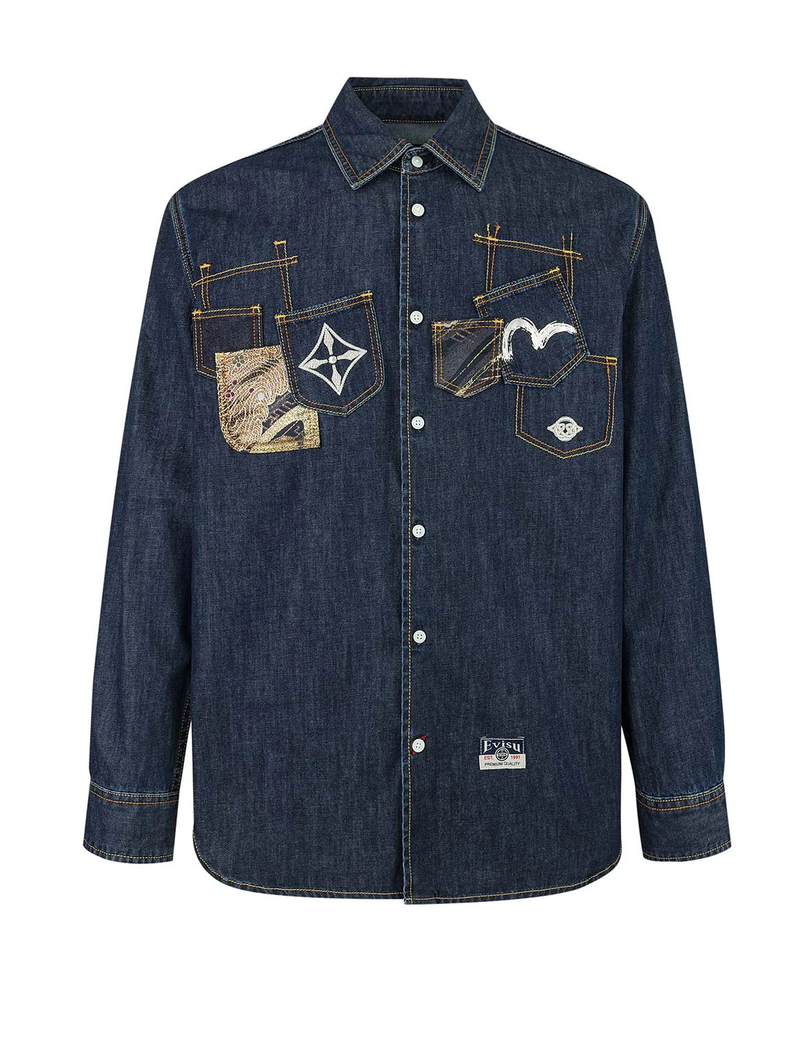 Multi-Pocket with Brocade Patch Relax Fit Denim Shirt - Image 13