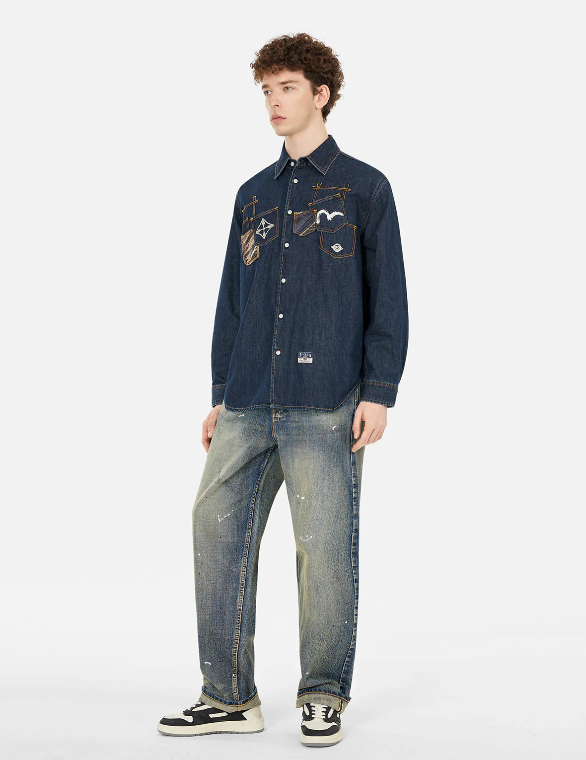 Multi-Pocket with Brocade Patch Relax Fit Denim Shirt - Image 3