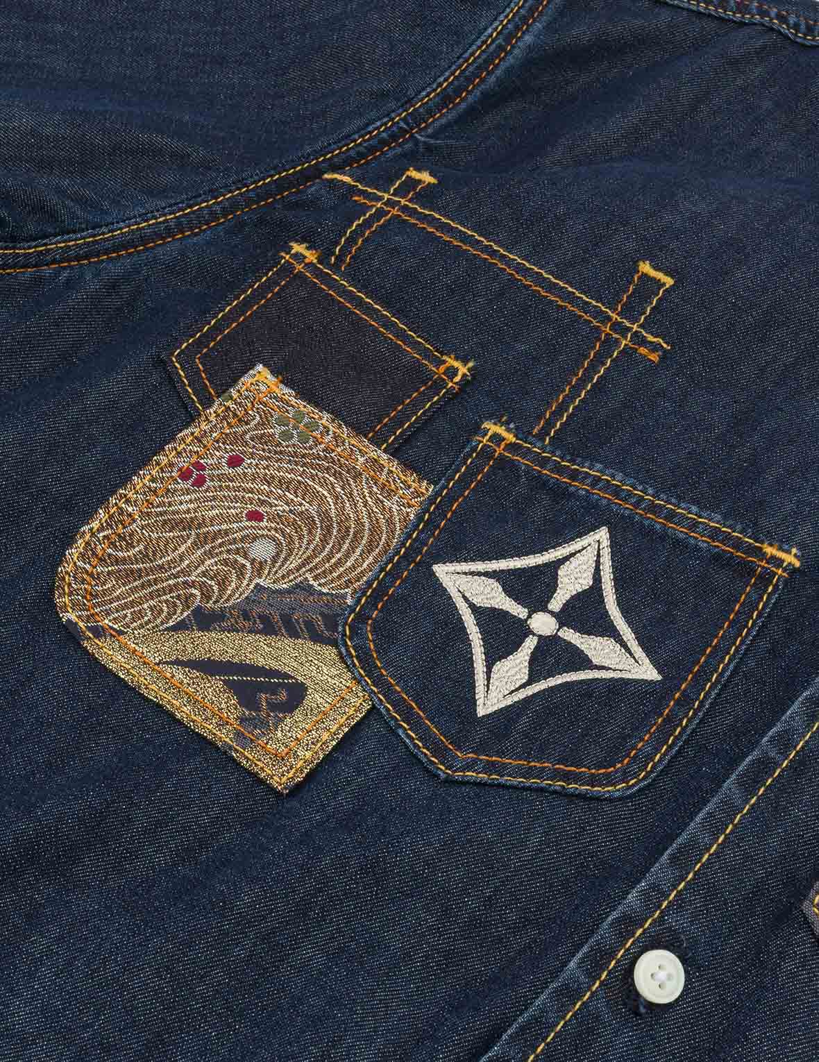 Multi-Pocket with Brocade Patch Relax Fit Denim Shirt - Image 7