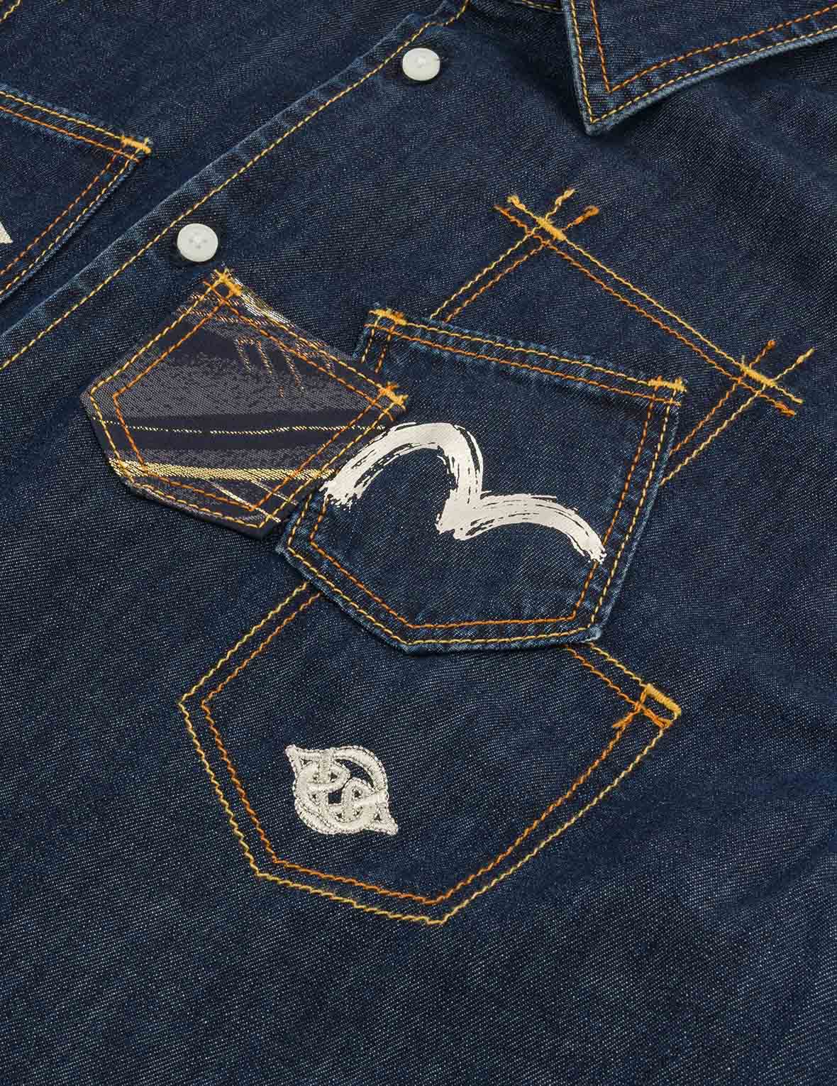 Multi-Pocket with Brocade Patch Relax Fit Denim Shirt - Image 8
