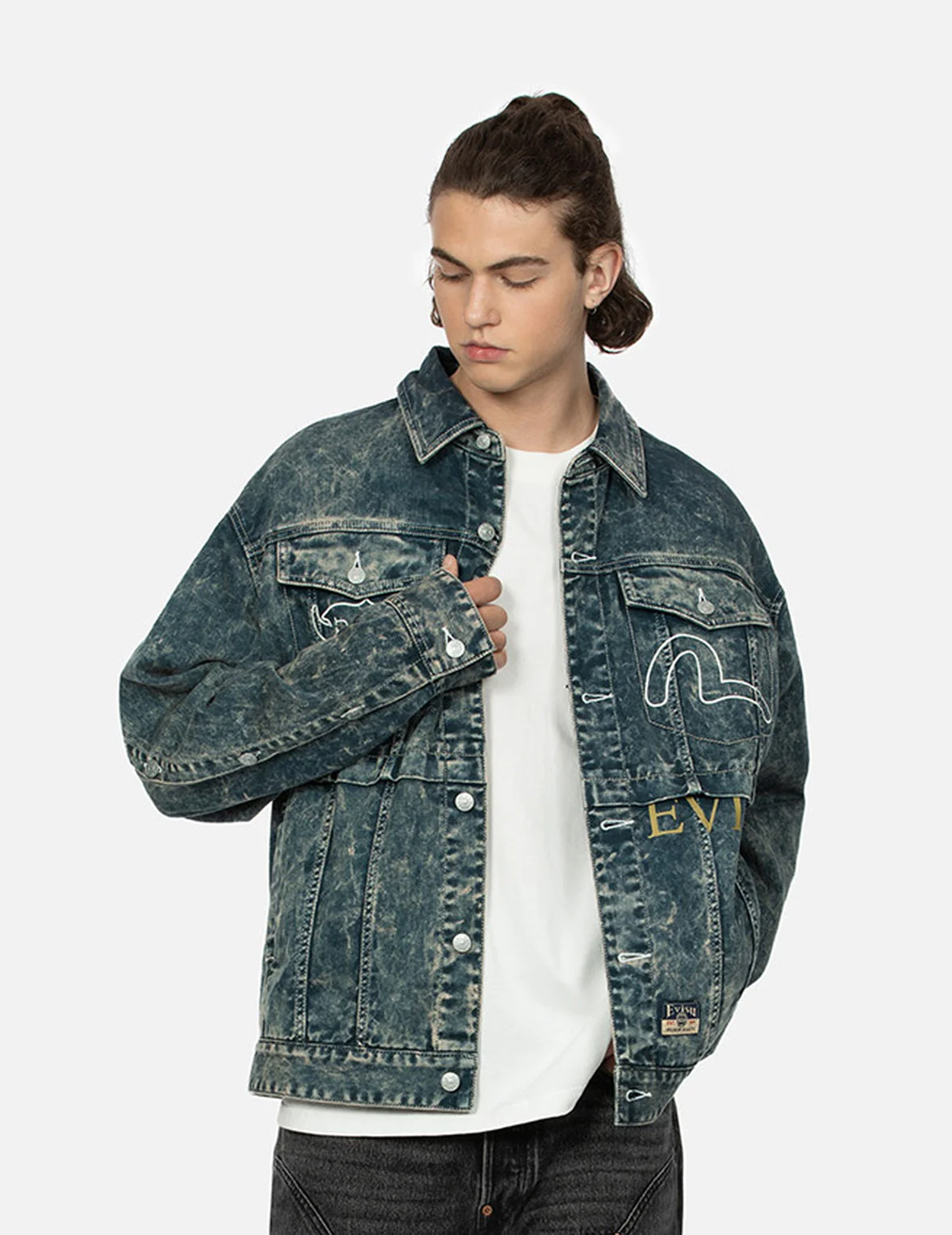 Multi-Print and Embroidery Acid-Wash Fashion Fit Denim Jacket - Image 4