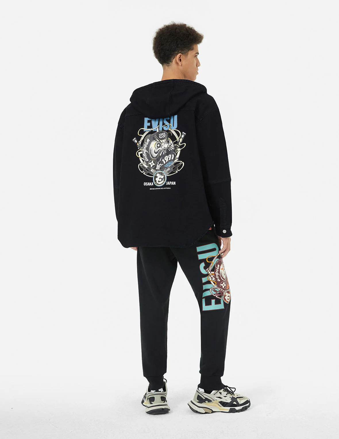 Ninja Daruma and Logo Print Regular Fit Hooded Denim Shirt Jacket - Image 3