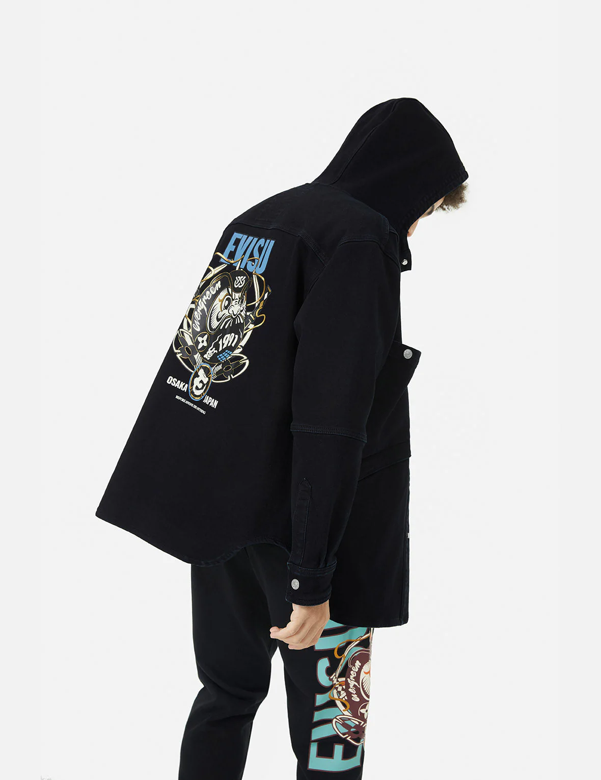 Ninja Daruma and Logo Print Regular Fit Hooded Denim Shirt Jacket - Image 5