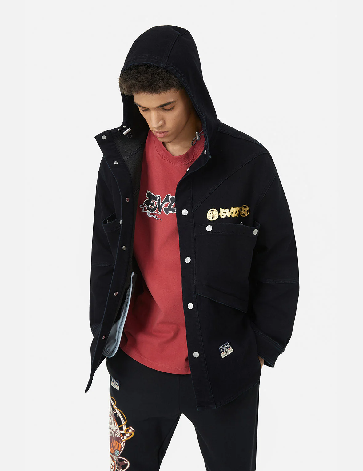 Ninja Daruma and Logo Print Regular Fit Hooded Denim Shirt Jacket - Image 6