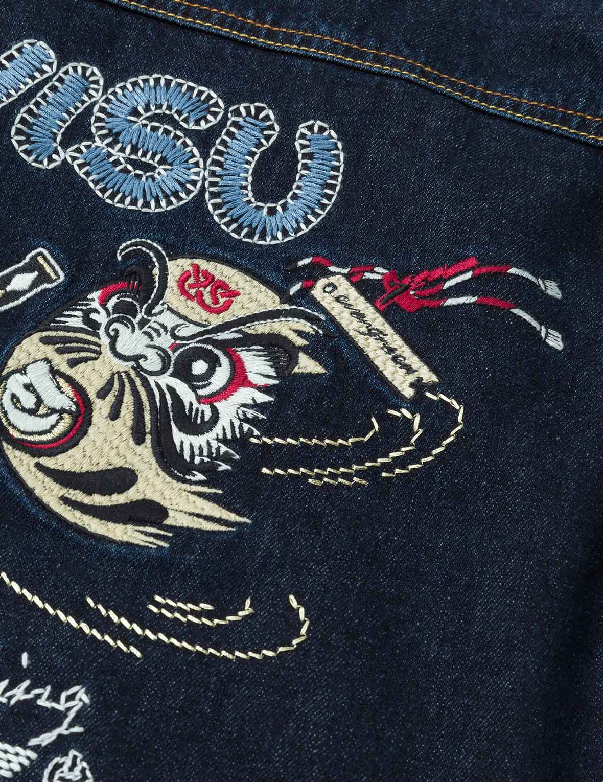 Ninja Daruma Embroidery Regular Fit Padded Denim Jacket - Image 8