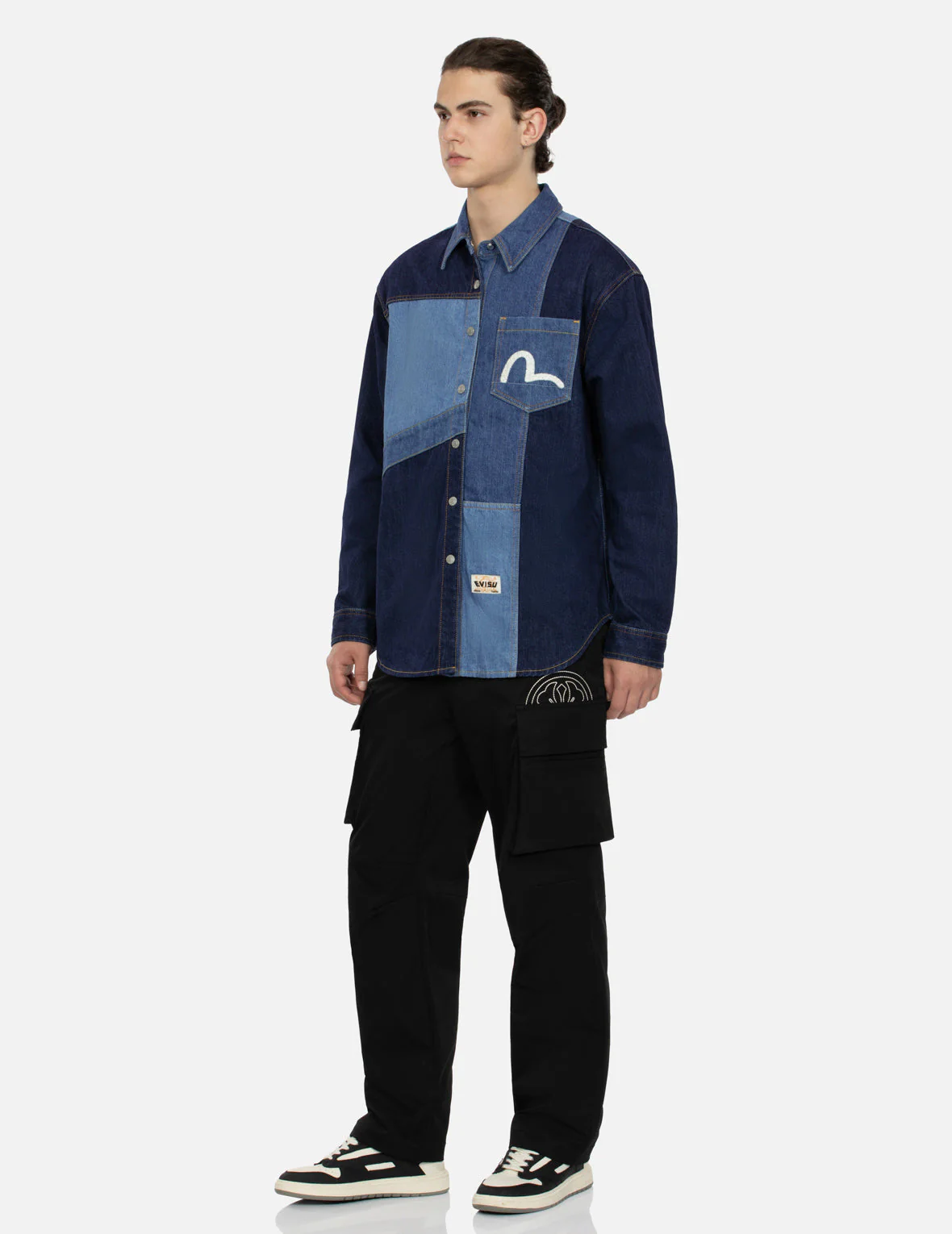 Patchwork with Seagull Embroidery Relax Fit Denim Shirt - Image 3