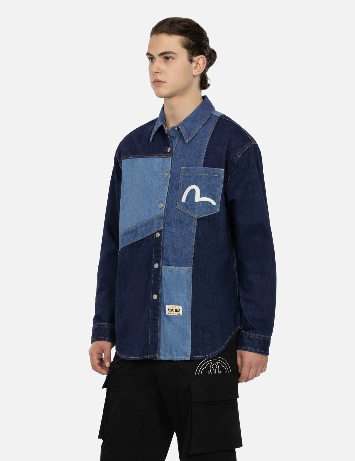 Patchwork with Seagull Embroidery Relax Fit Denim Shirt - Image 5