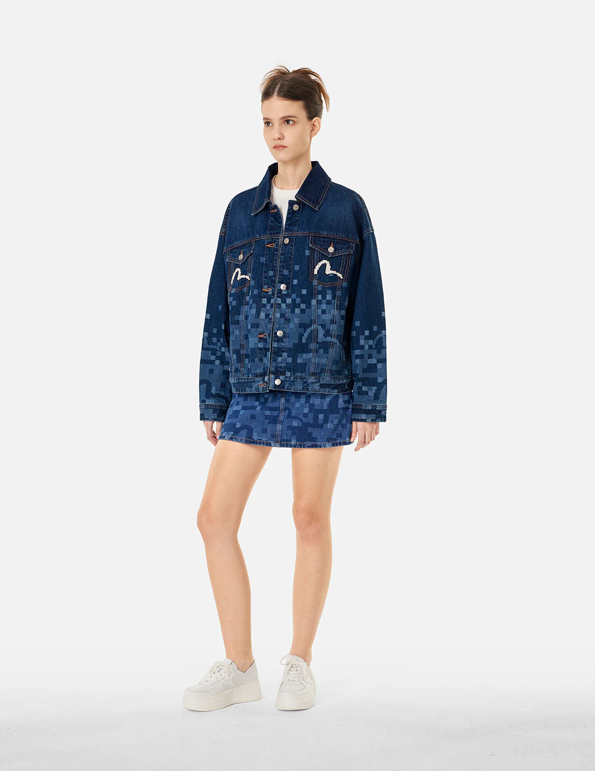 Pixel Seagull Embroidery and Print Oversized Denim Jacket - Image 3