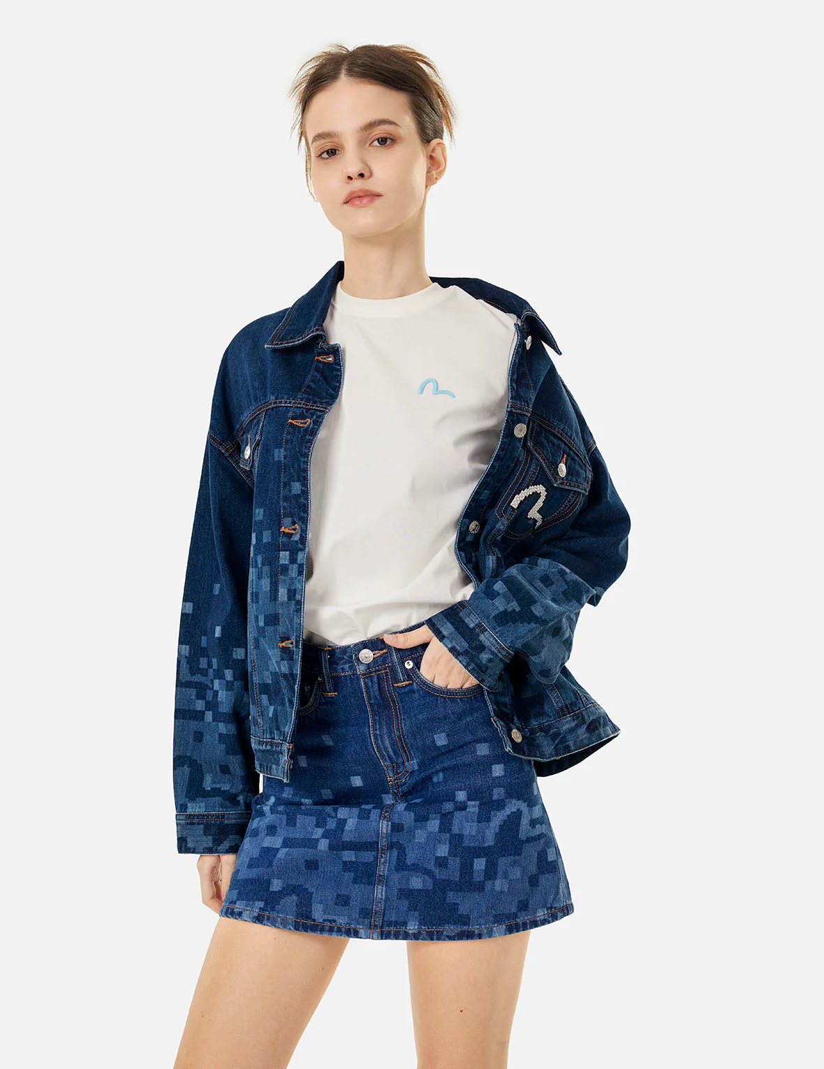 Pixel Seagull Embroidery and Print Oversized Denim Jacket - Image 5