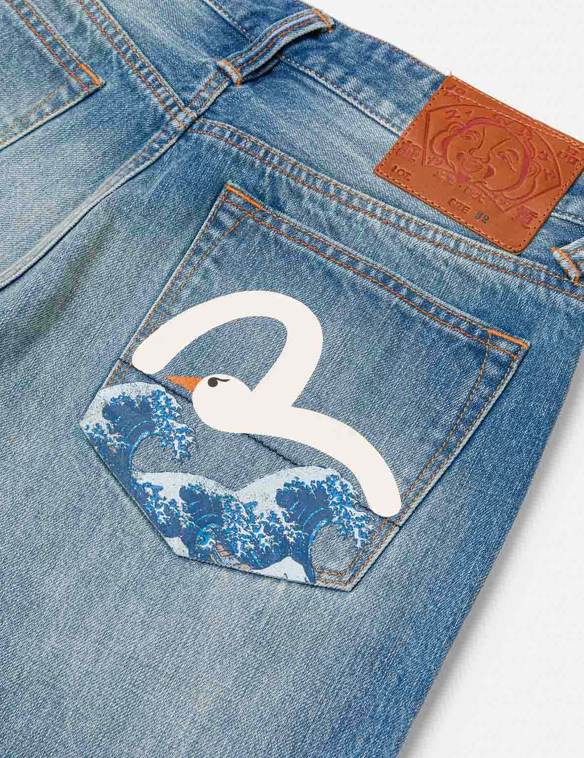 Playful Seagull and The Great Wave Print Regular Fit Denim Shorts - Image 5