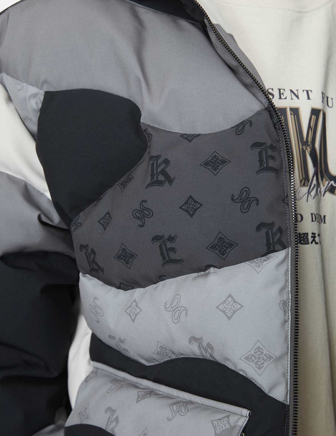 Quilted Camouflage Panels and Allover Logo Print Loose Fit Down Jacket - Image 5
