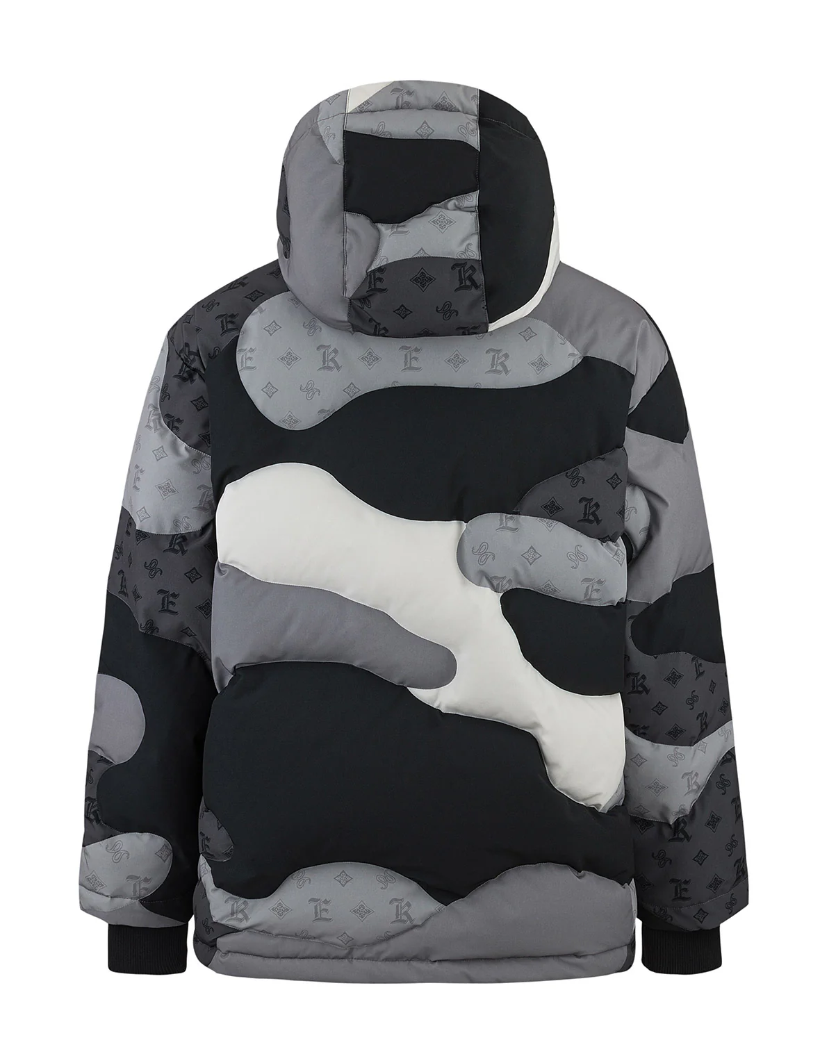 Quilted Camouflage Panels and Allover Logo Print Loose Fit Down Jacket - Image 7