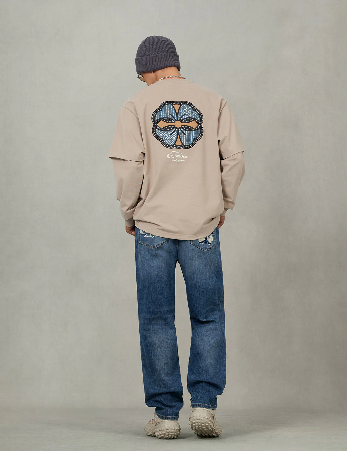Sashiko-style Kamon Print Fashion Fit 2-in-1 Design Long-sleeve T-shirt - Image 11