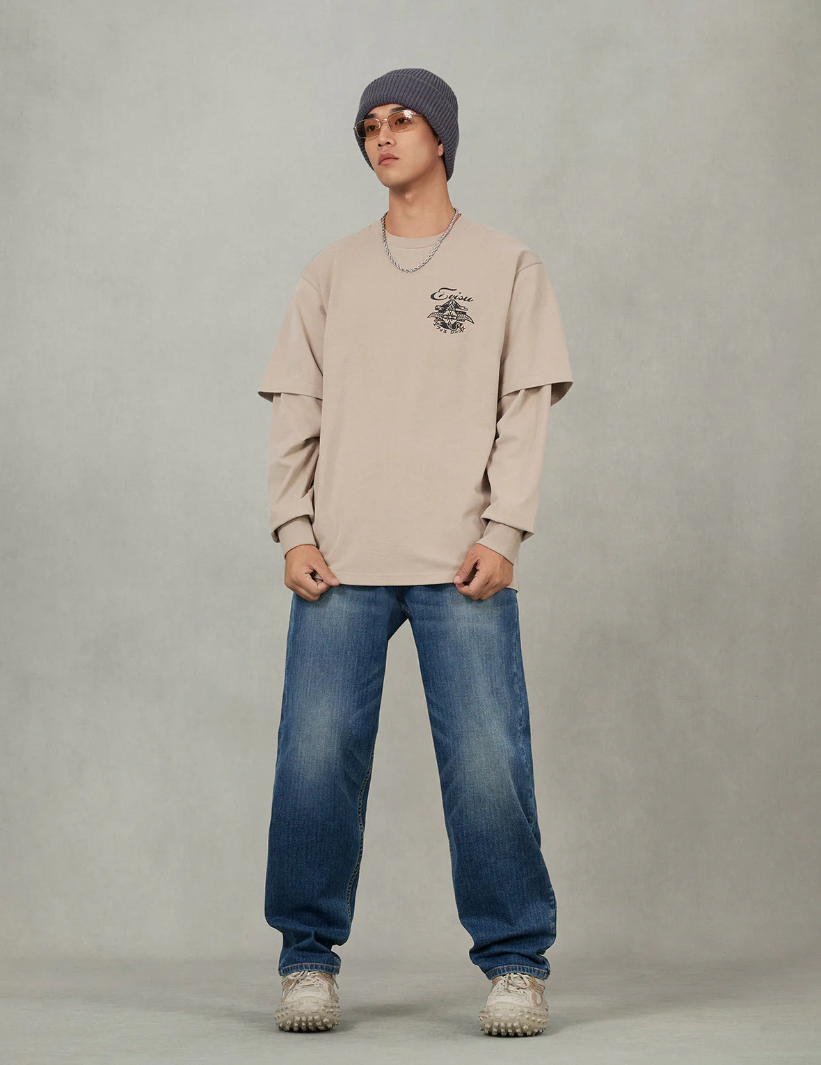 Sashiko-style Kamon Print Fashion Fit 2-in-1 Design Long-sleeve T-shirt - Image 9