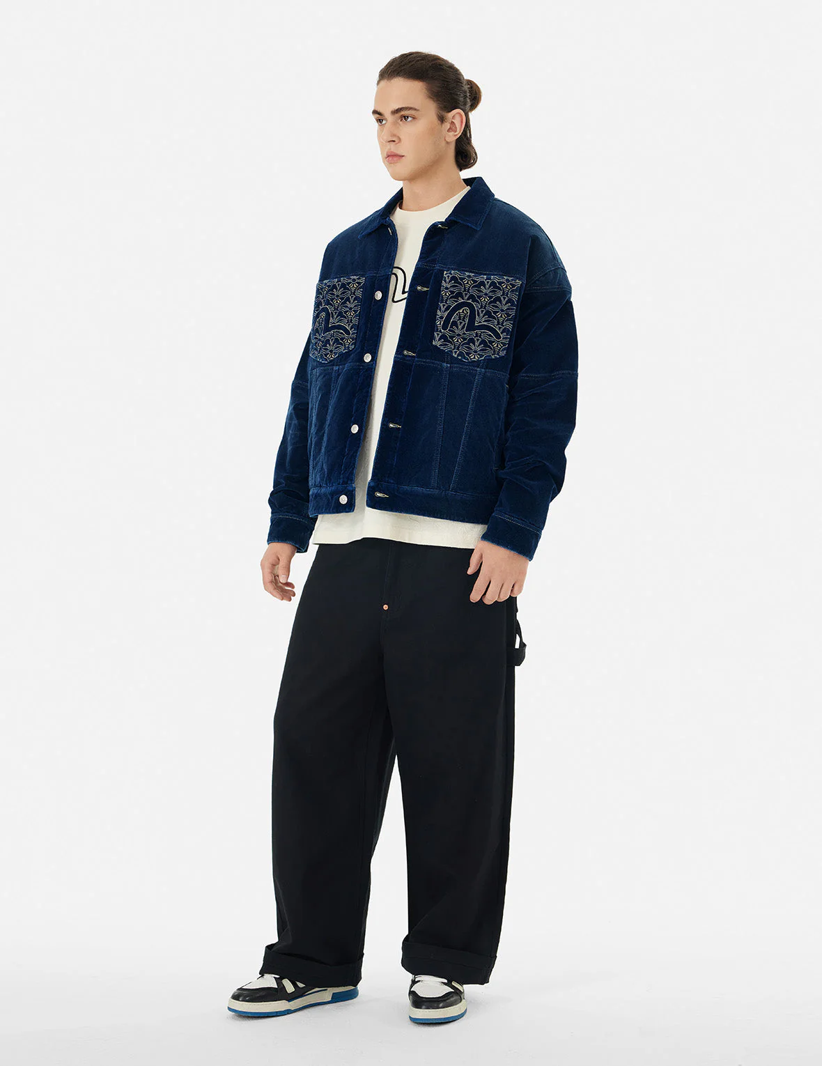 Seagull and Allover Kamon Embroidery Pockets Loose Fit Padded Denim Jacket - Image 3