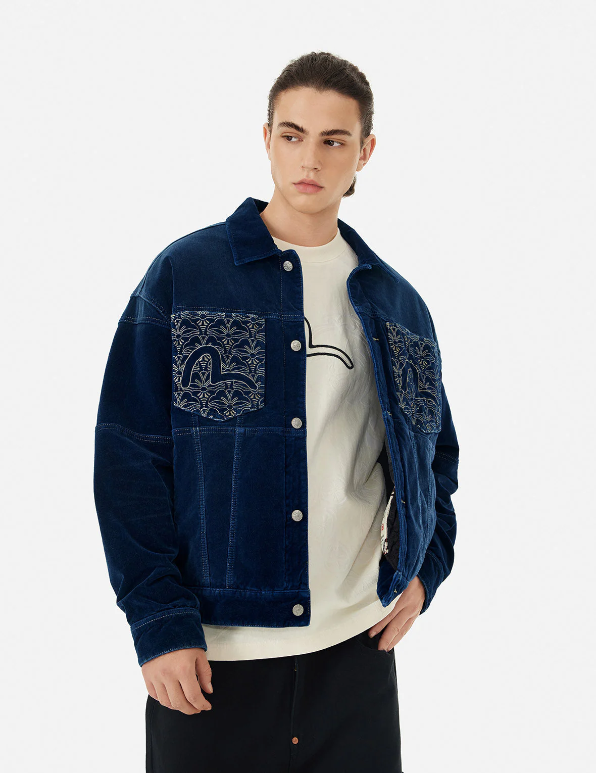Seagull and Allover Kamon Embroidery Pockets Loose Fit Padded Denim Jacket - Image 7