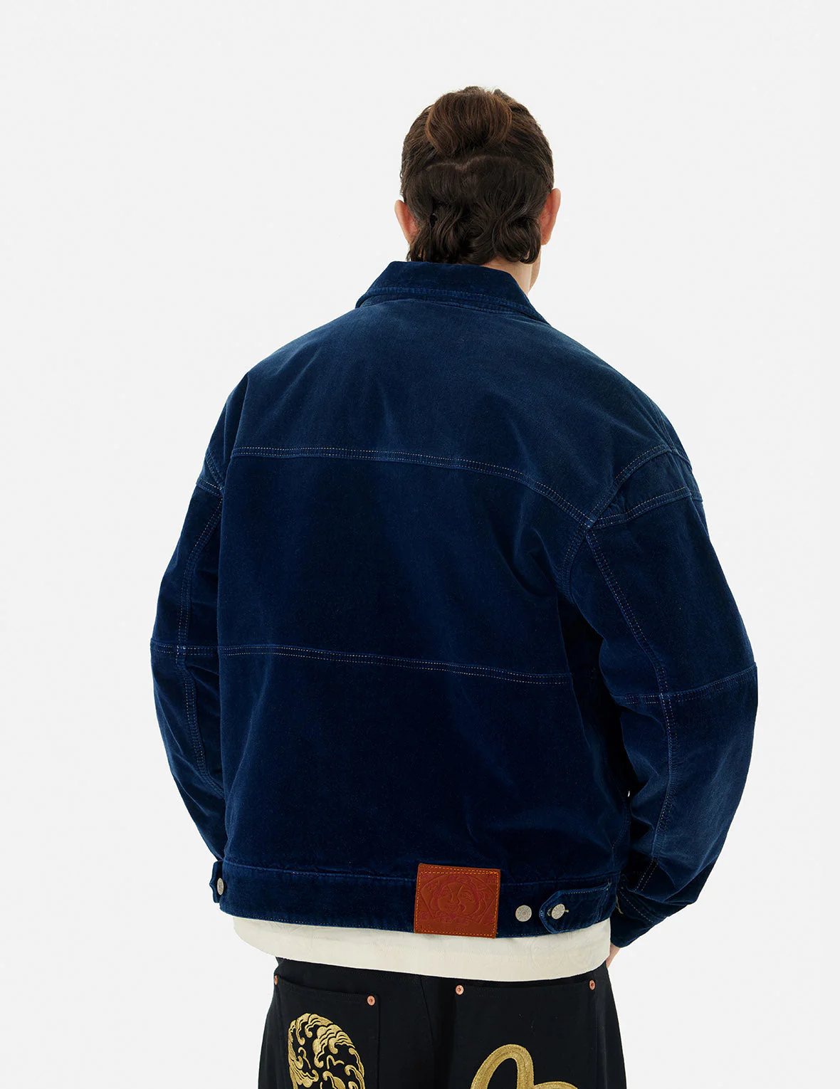 Seagull and Allover Kamon Embroidery Pockets Loose Fit Padded Denim Jacket - Image 8