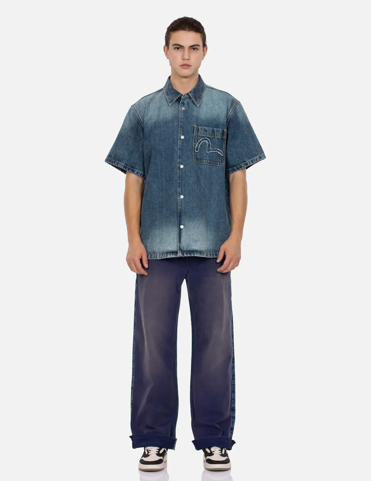 Seagull and Logo Appliqué Embroidery Boxy Denim Short-Sleeves Shirt - Image 6