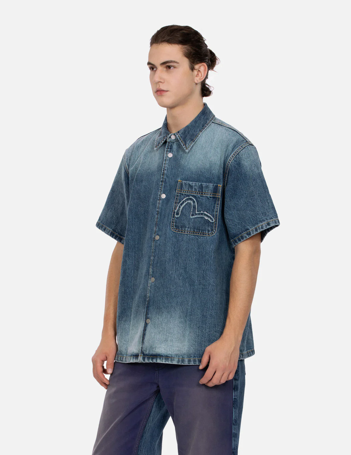Seagull and Logo Appliqué Embroidery Boxy Denim Short-Sleeves Shirt - Image 8