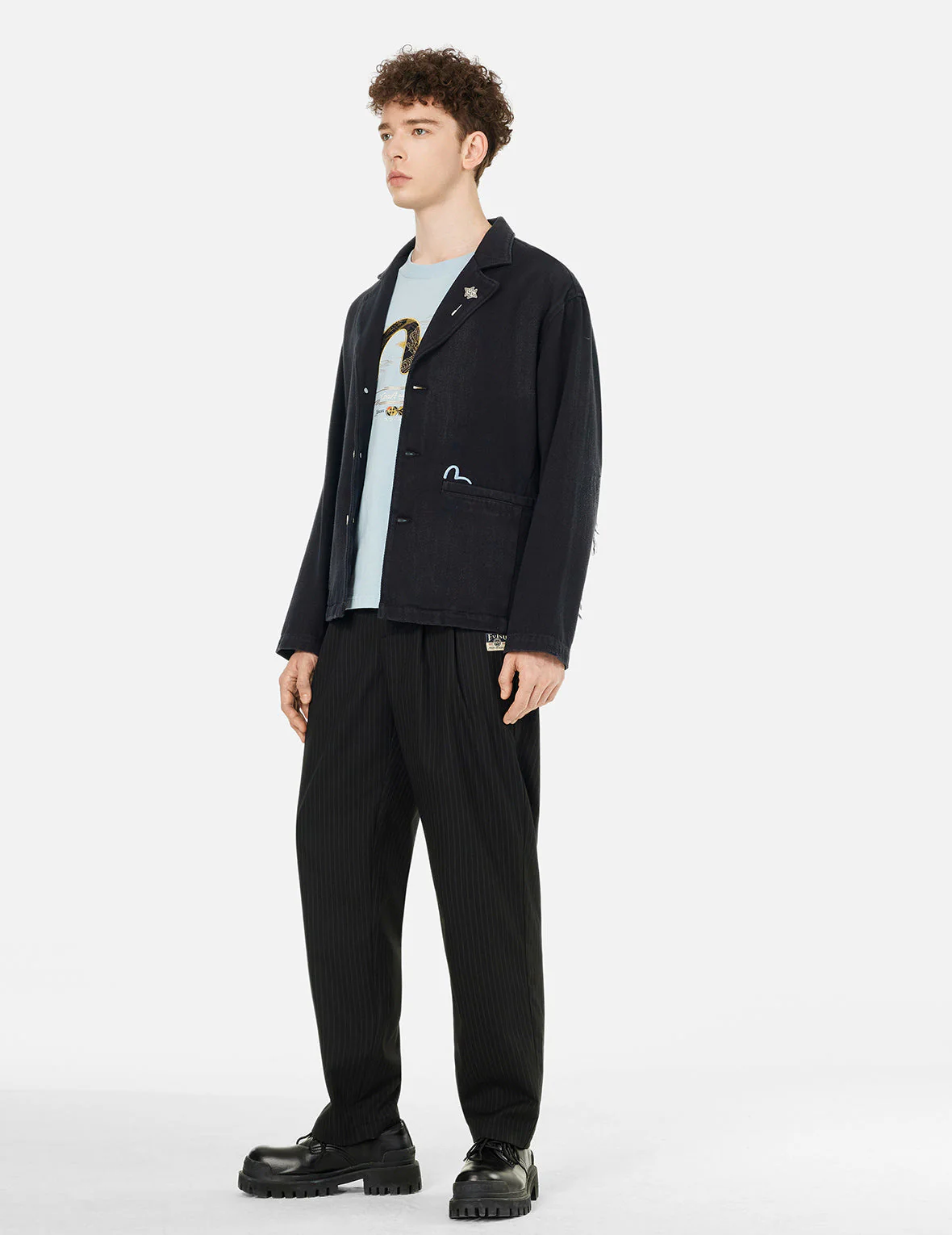 Seagull and Logo Embroidery Relax Fit Denim Blazer - Image 3