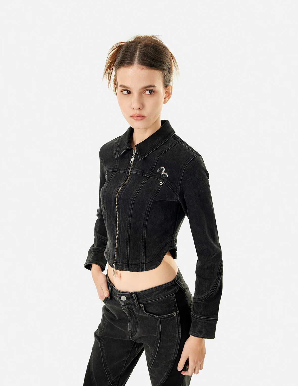 Seagull and Logo Laser Print Fashion Fit Denim Corset Jacket - Image 14