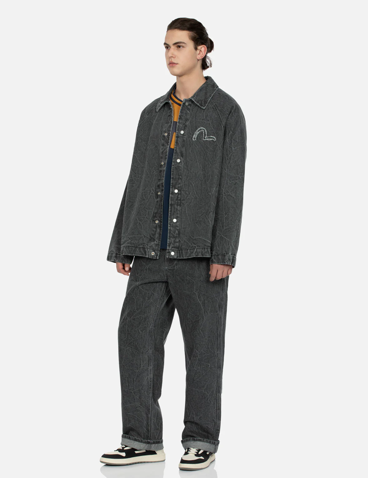 Seagull and Slogan Embroidery Oversized  Denim Coach Jacket - Image 5