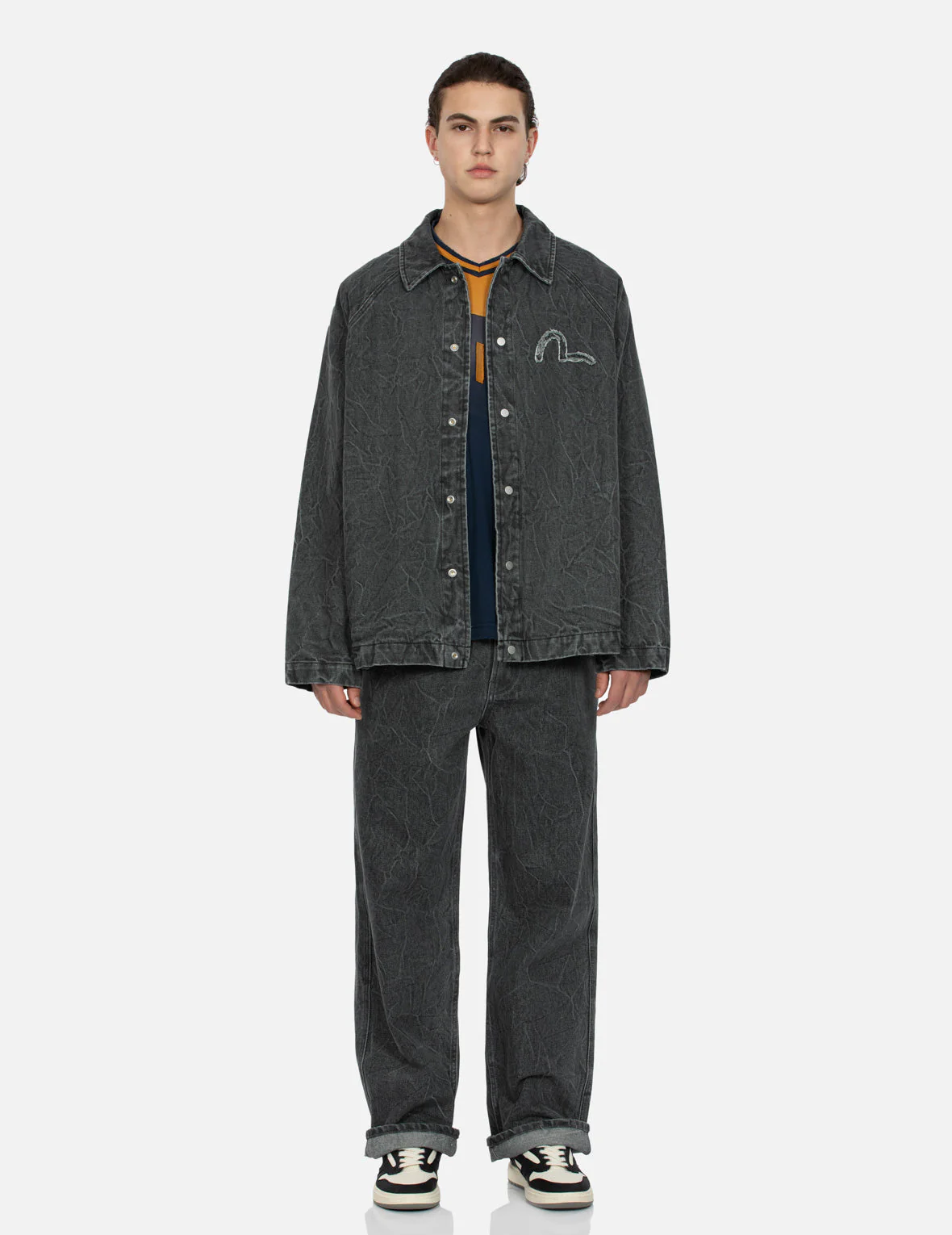 Seagull and Slogan Embroidery Oversized  Denim Coach Jacket - Image 9