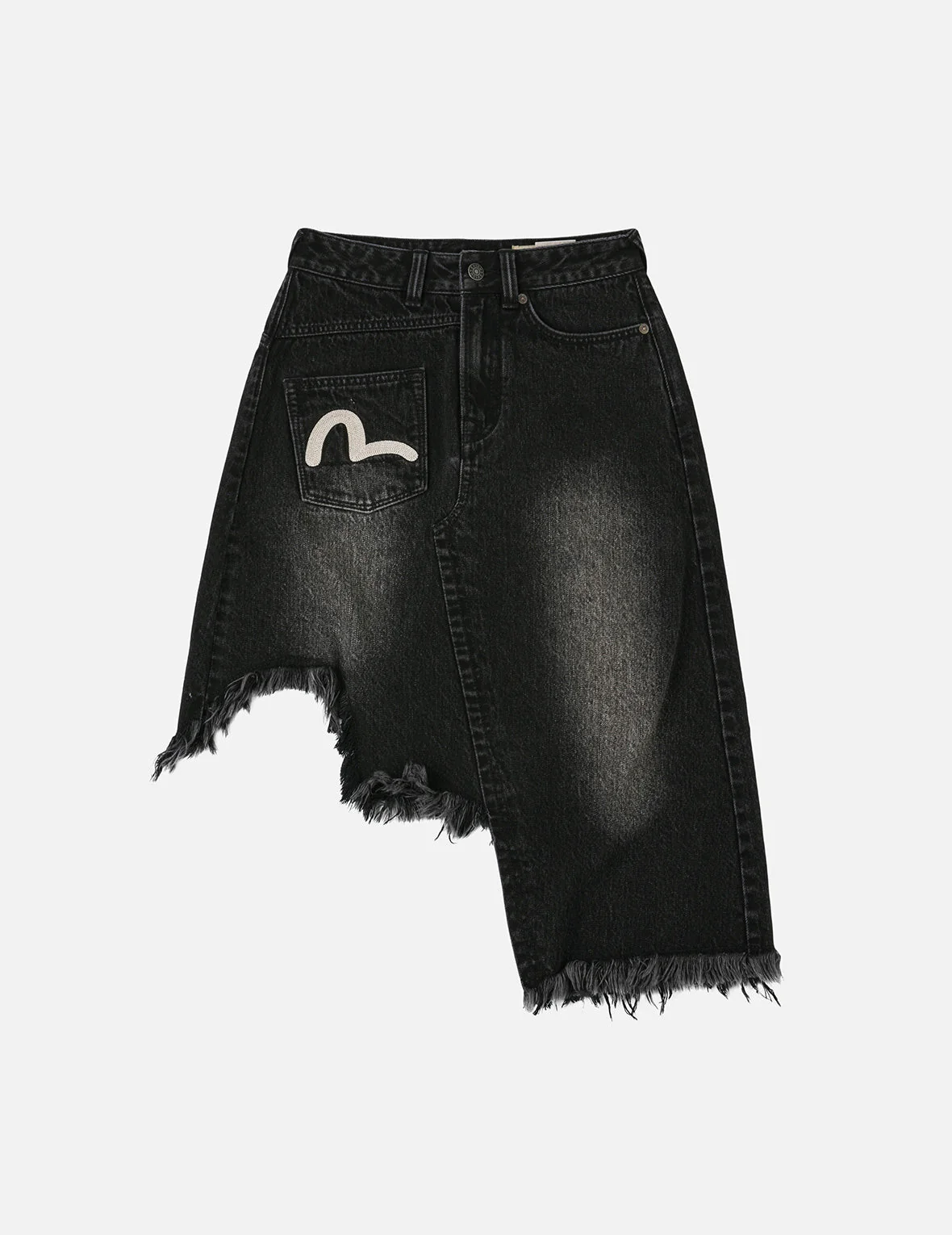 Seagull and Slogan Embroidery Regular Fit Distressed Washed Denim Skirt - Image 3