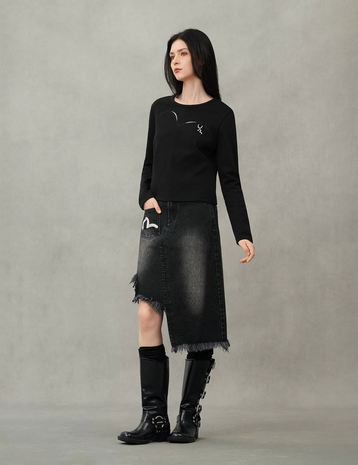 Seagull and Slogan Embroidery Regular Fit Distressed Washed Denim Skirt - Image 5