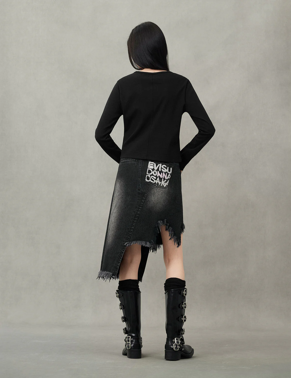 Seagull and Slogan Embroidery Regular Fit Distressed Washed Denim Skirt - Image 6