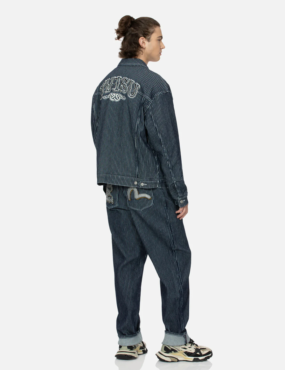 Seagull and Wheel of Wisdom Print Loose Fit Denim Jacket - Image 4