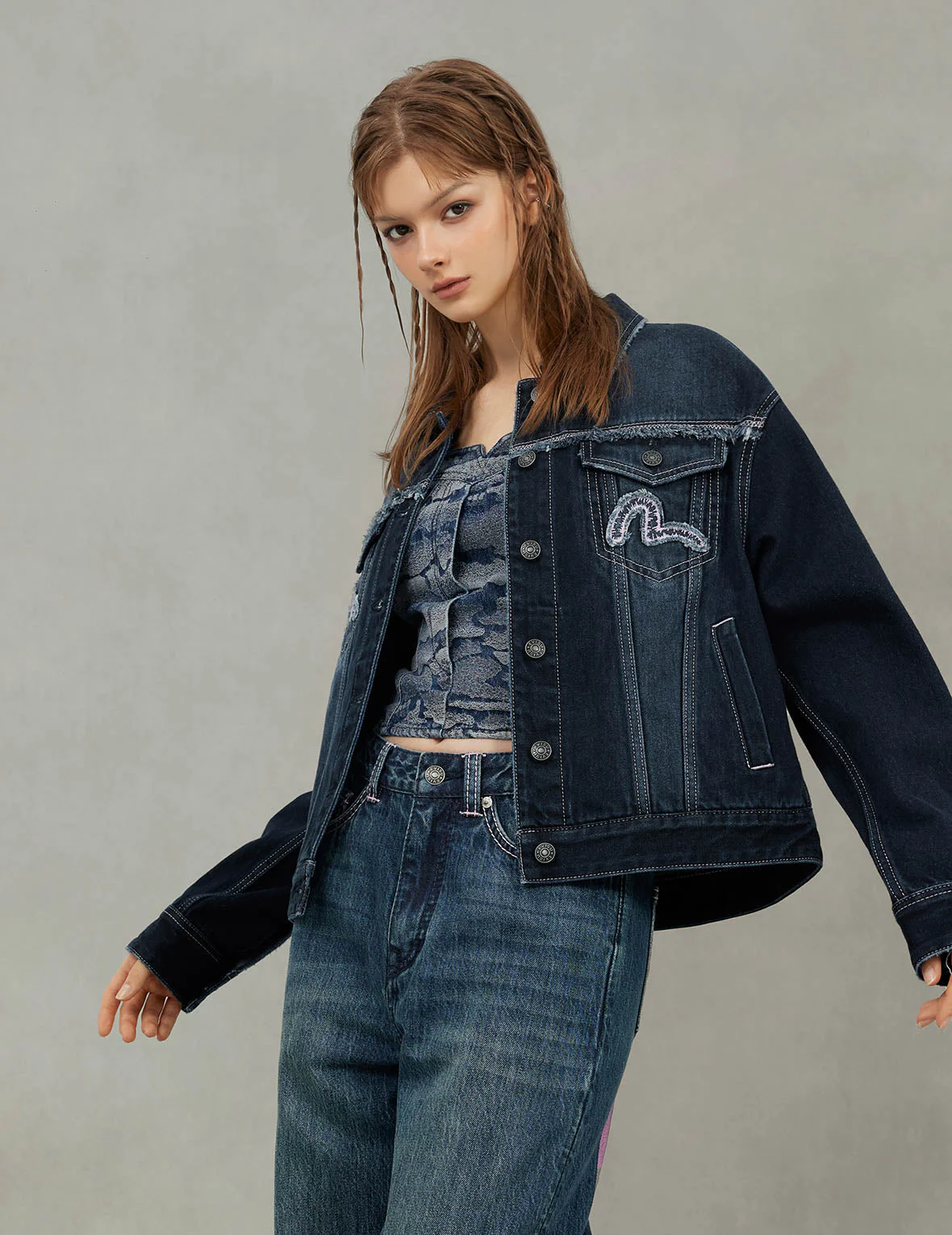 Seagull Appliqué Embroidery Loose Fit Washed Denim Jacket - Image 7