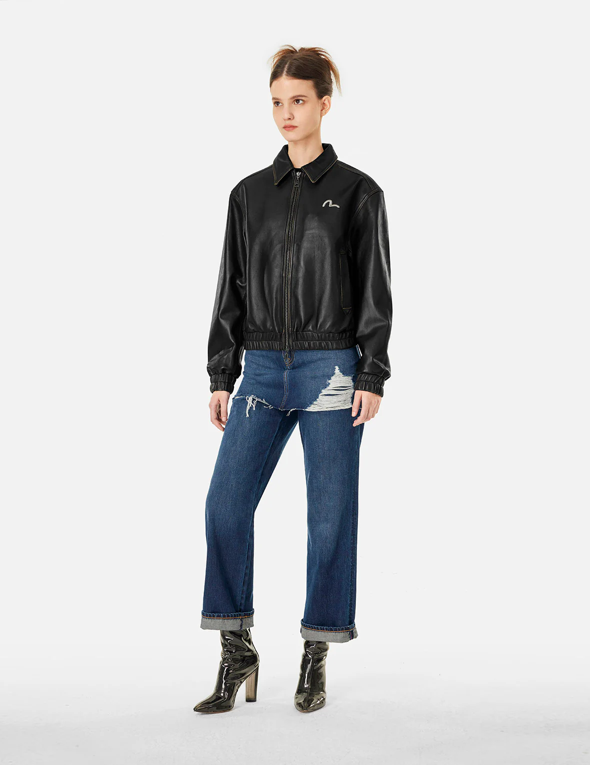 Seagull Embroidery and Logo Appliqué Fashion Fit Leather Jacket - Image 11