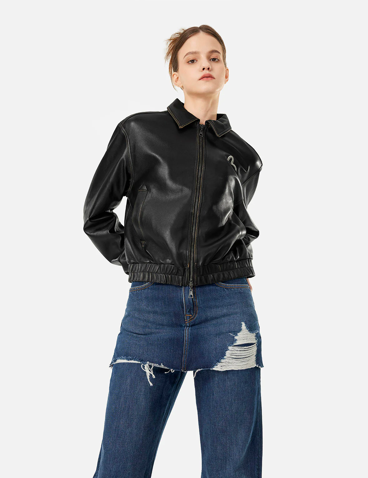 Seagull Embroidery and Logo Appliqué Fashion Fit Leather Jacket - Image 13