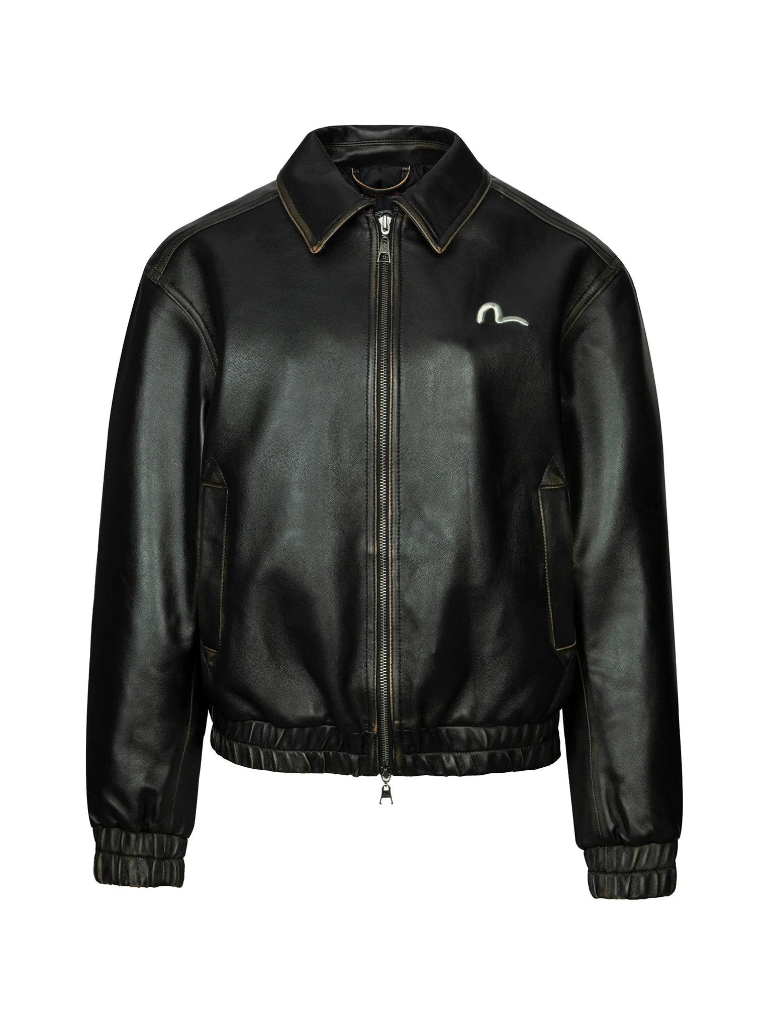 Seagull Embroidery and Logo Appliqué Fashion Fit Leather Jacket - Image 9