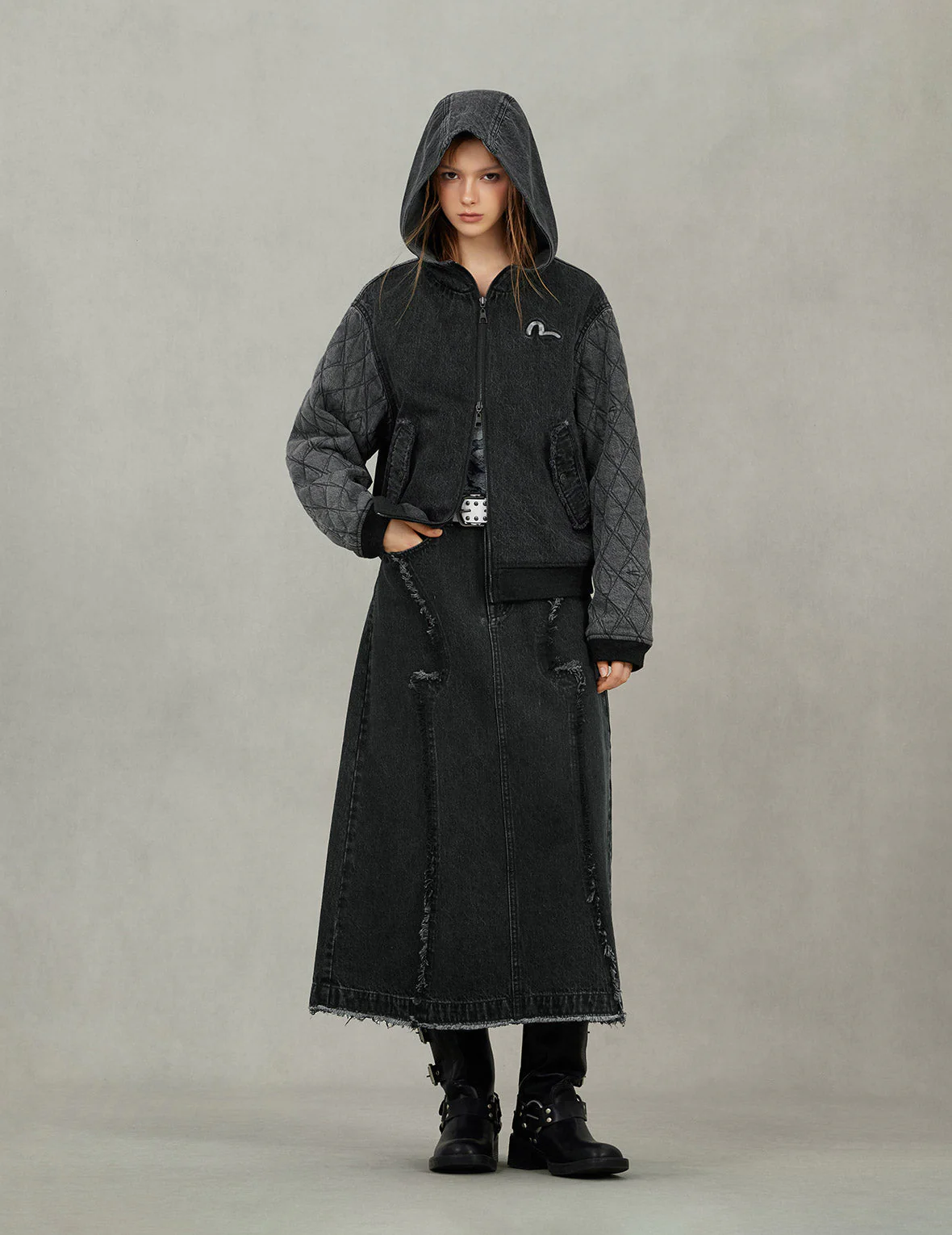 Seagull Embroidery Fashion Fit Hooded Padded Denim Jacket - Image 5