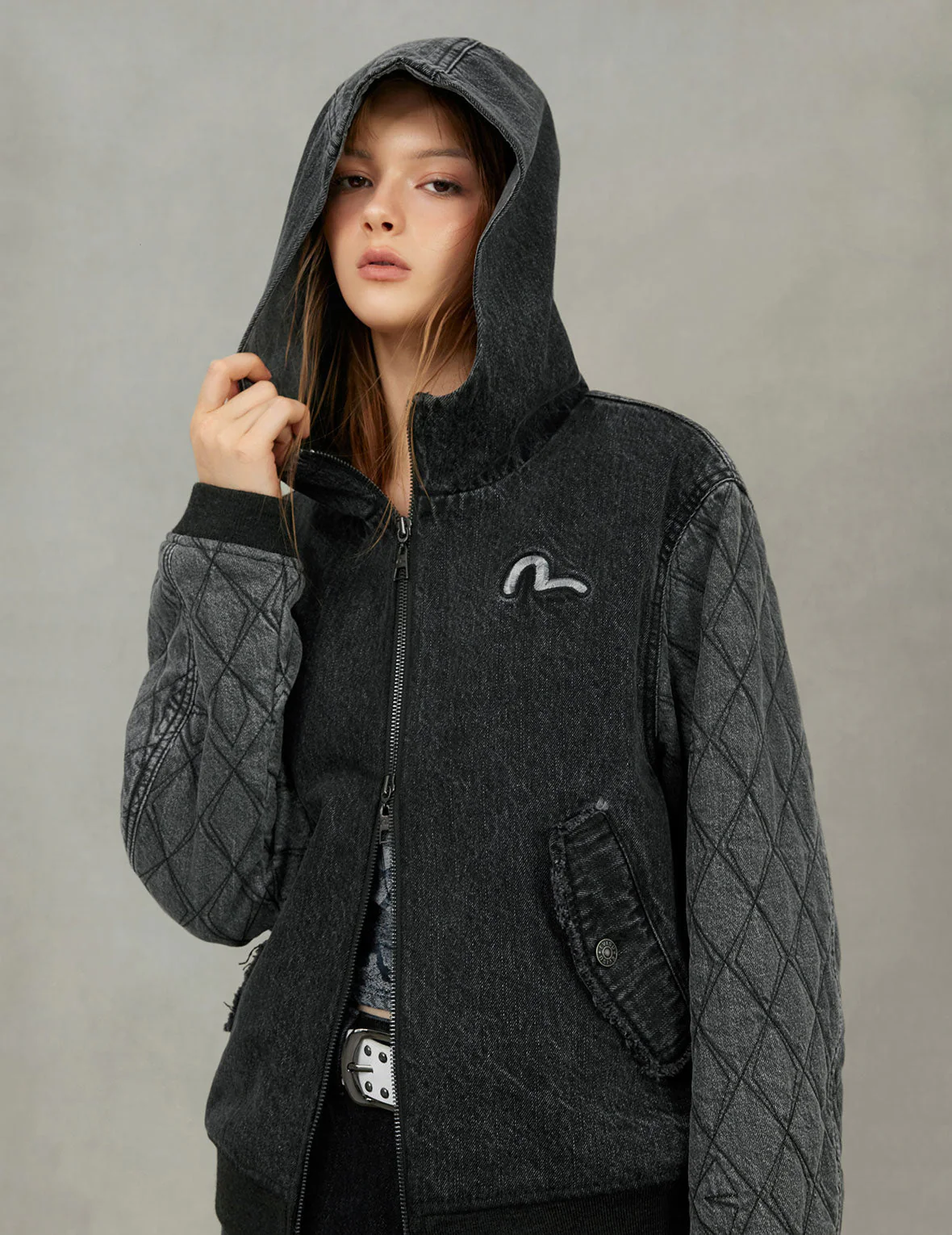 Seagull Embroidery Fashion Fit Hooded Padded Denim Jacket - Image 7