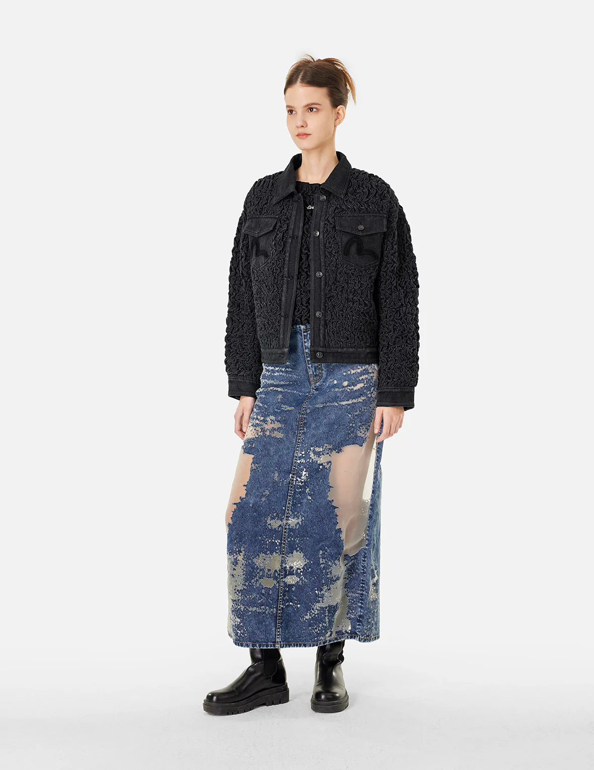 Seagull Embroidery Texture Oversized Denim Jacket - Image 3