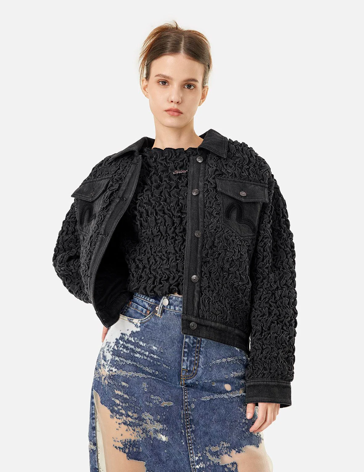 Seagull Embroidery Texture Oversized Denim Jacket - Image 5