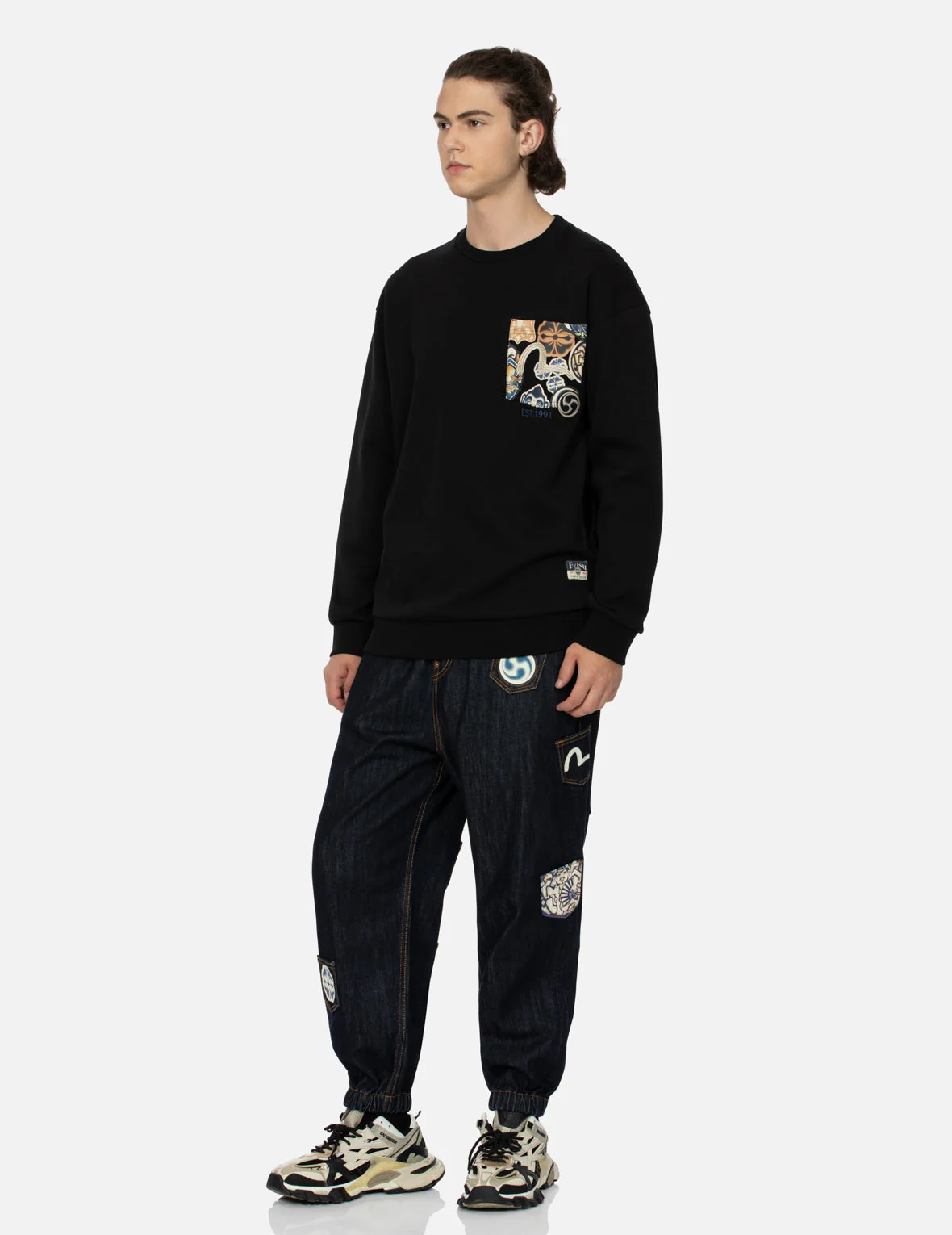 Seagull Embroidery with Kamon Print Pocket Relax Fit Sweatshirt - Image 3