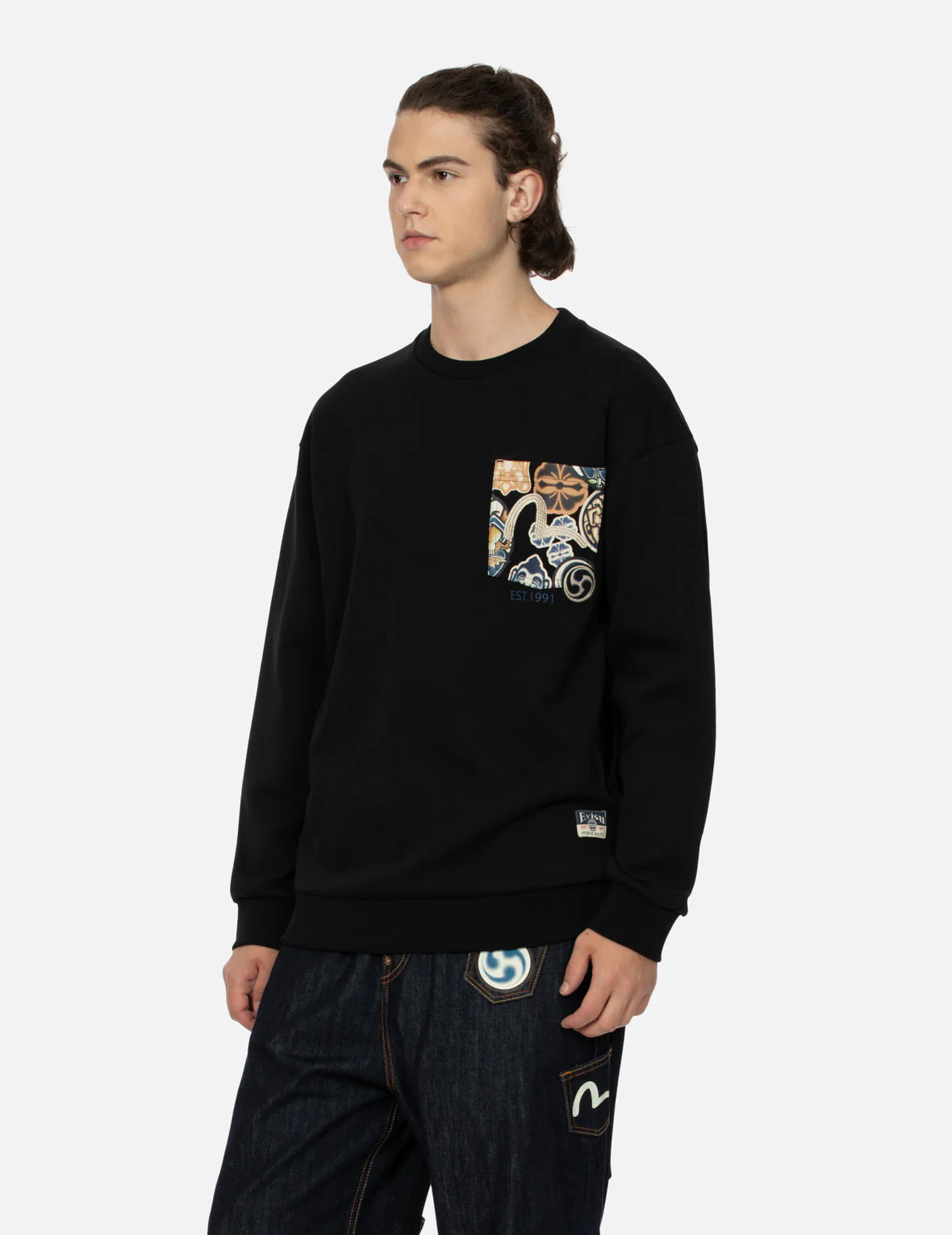 Seagull Embroidery with Kamon Print Pocket Relax Fit Sweatshirt - Image 7