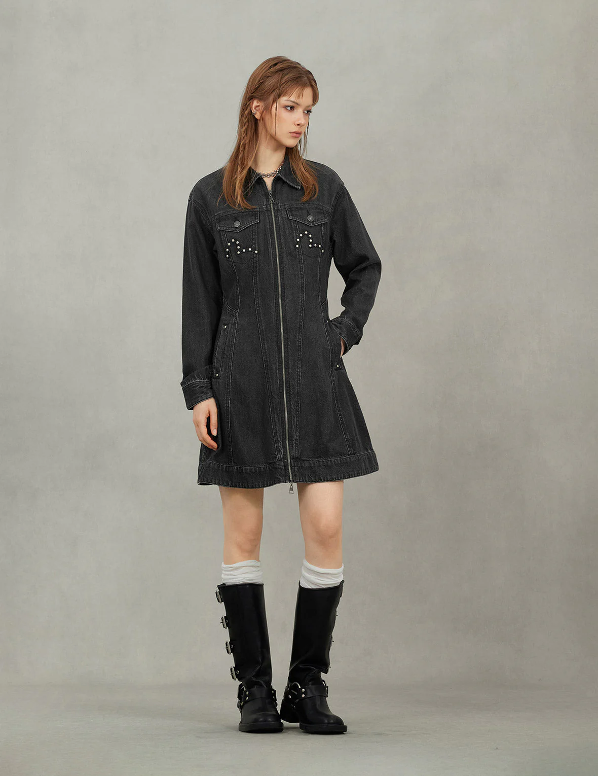 Seagull Embroidery with Studs Fashion Fit Denim Zipper Dress - Image 5