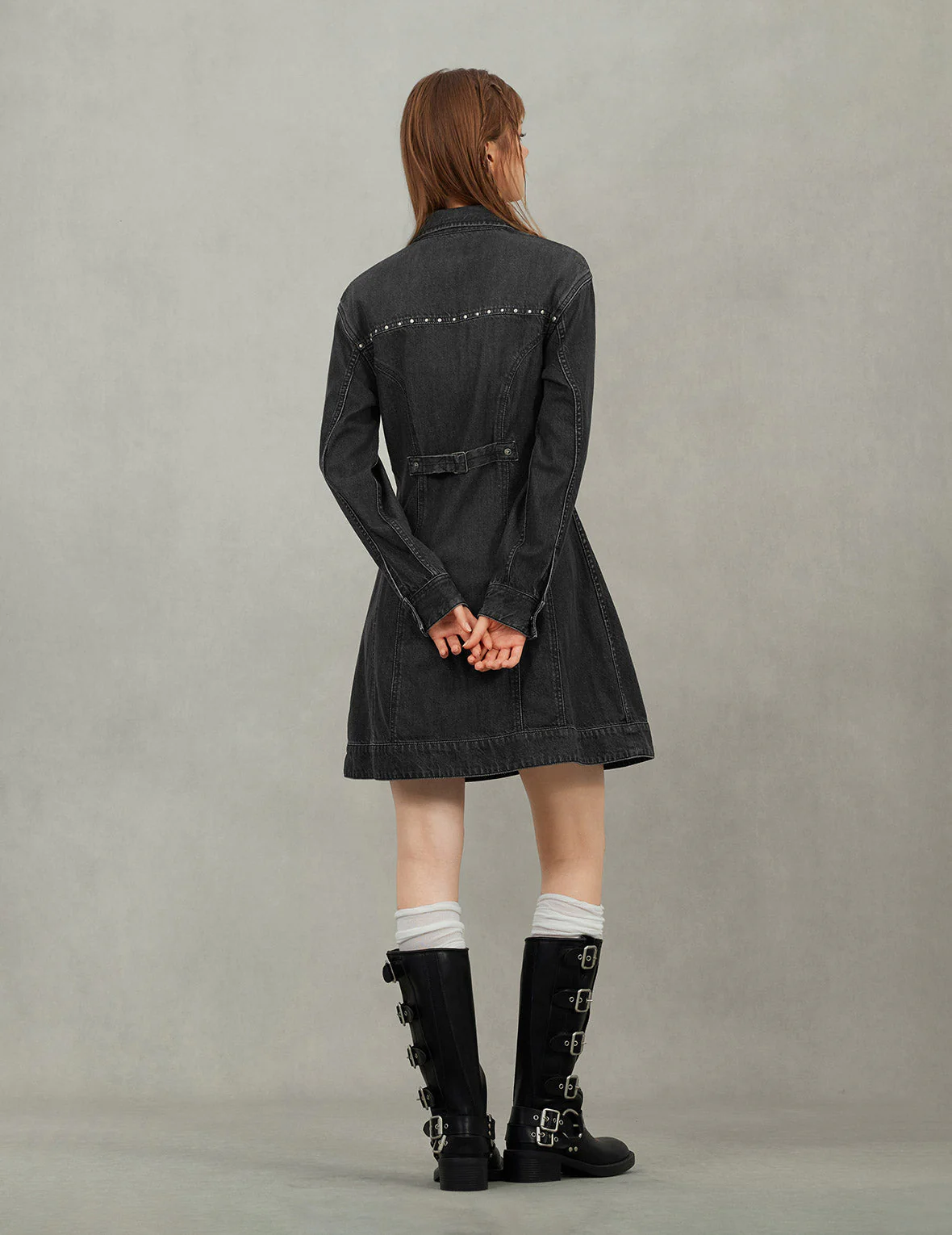 Seagull Embroidery with Studs Fashion Fit Denim Zipper Dress - Image 6