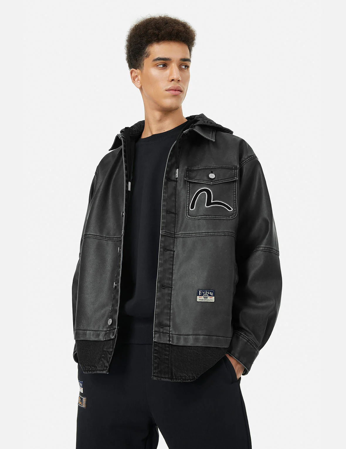 Seagull Print and Embossed Logo Regular Fit Vegan Leather Jacket - Image 5