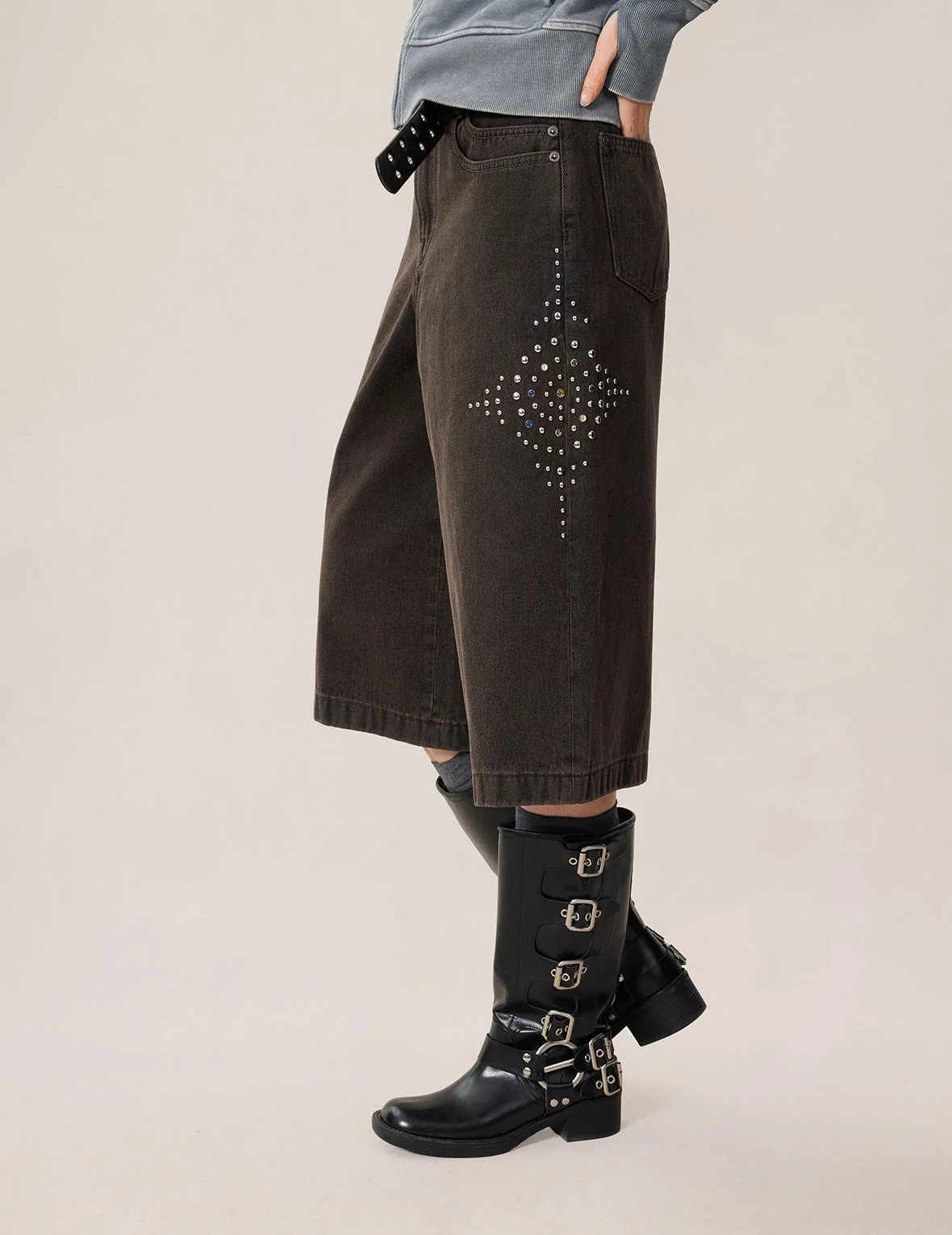 Graphic Rhinestones Denim Shorts - Image 9